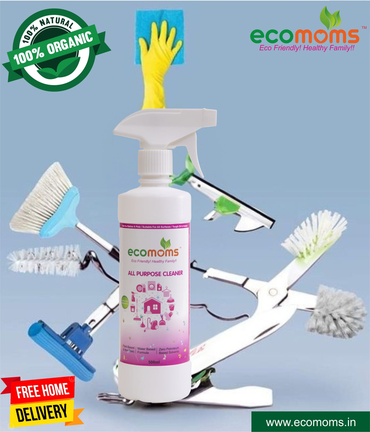 Ecomoms All Purpose Natural Cleaner Liquid Spray For Bathroom, Kitchen And Glass | Child & Pet Safe, Eco- Friendly, Plant Based - Ecomoms