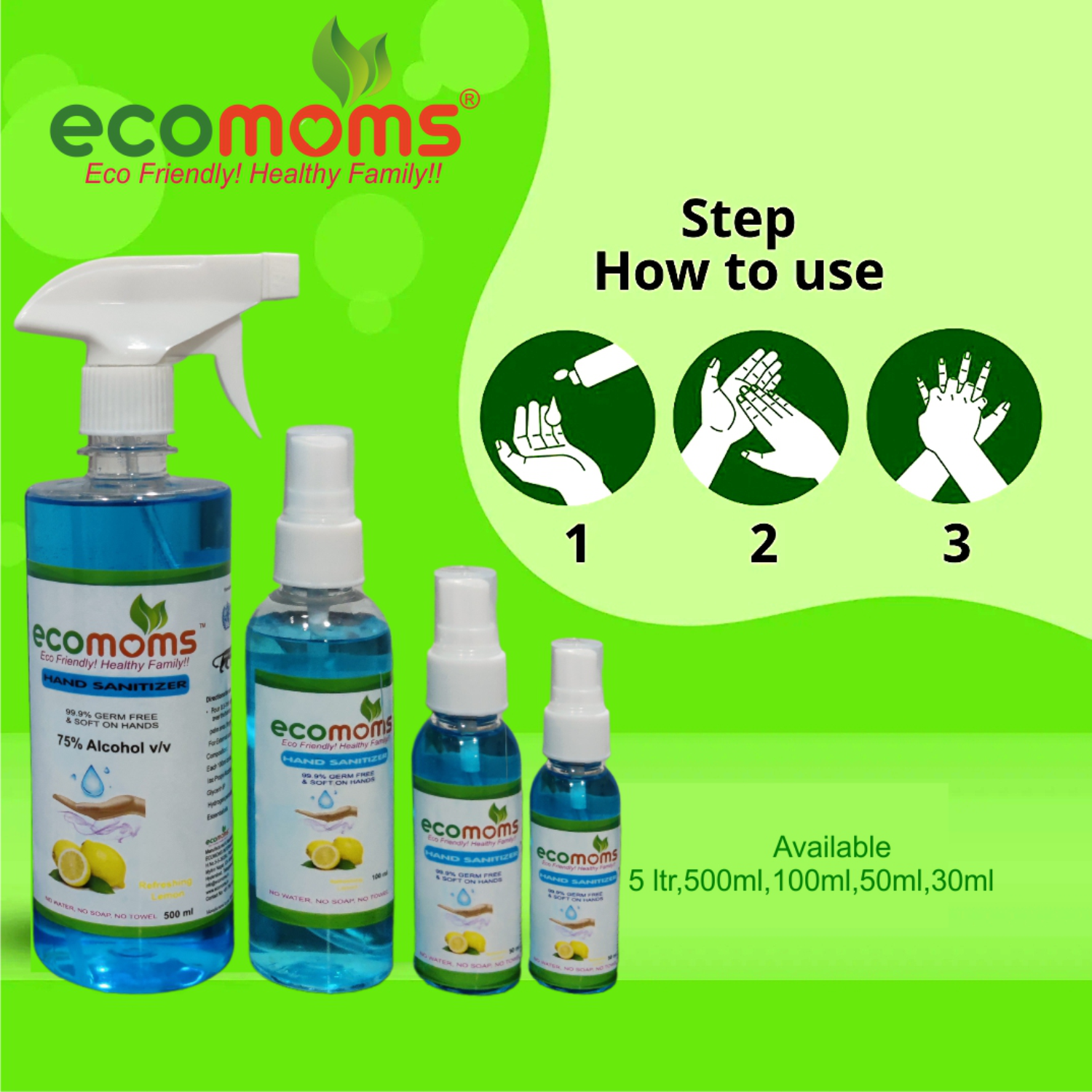 Ecomoms Hand Sanitizer| Kills Germs and Viruses on Hand, Safe for Skin & Body - 100ml - Ecomoms