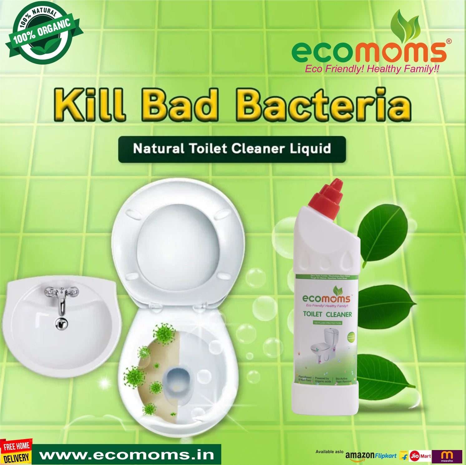 Ecomoms Toilet Bowl Cleaner | Eco Friendly | 99.9% Chemical Free | No Toxic Fumes | Eliminates Odor| Biodegradable|100% Safe on Skin - Ecomoms