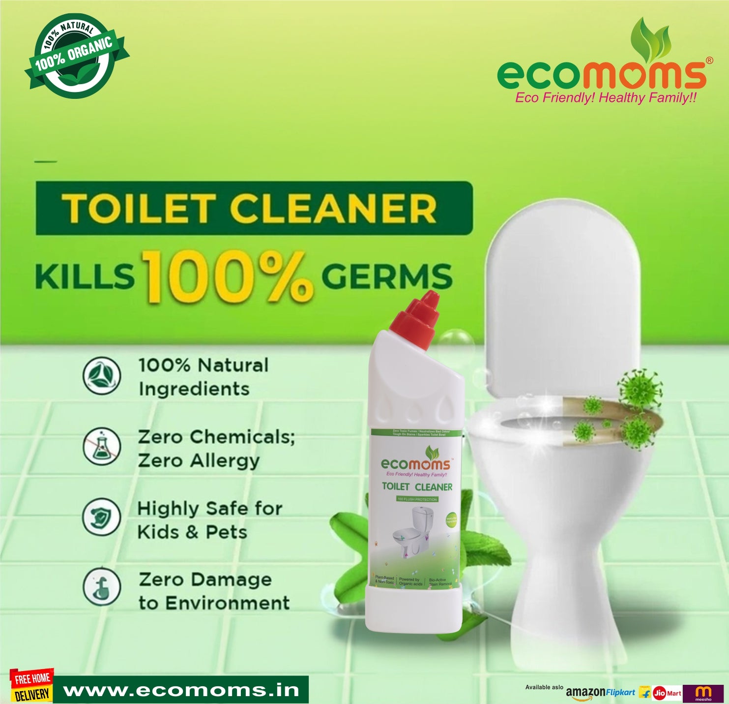 Ecomoms Toilet Bowl Cleaner | Eco Friendly | 99.9% Chemical Free | No Toxic Fumes | Eliminates Odor| Biodegradable|100% Safe on Skin - Ecomoms