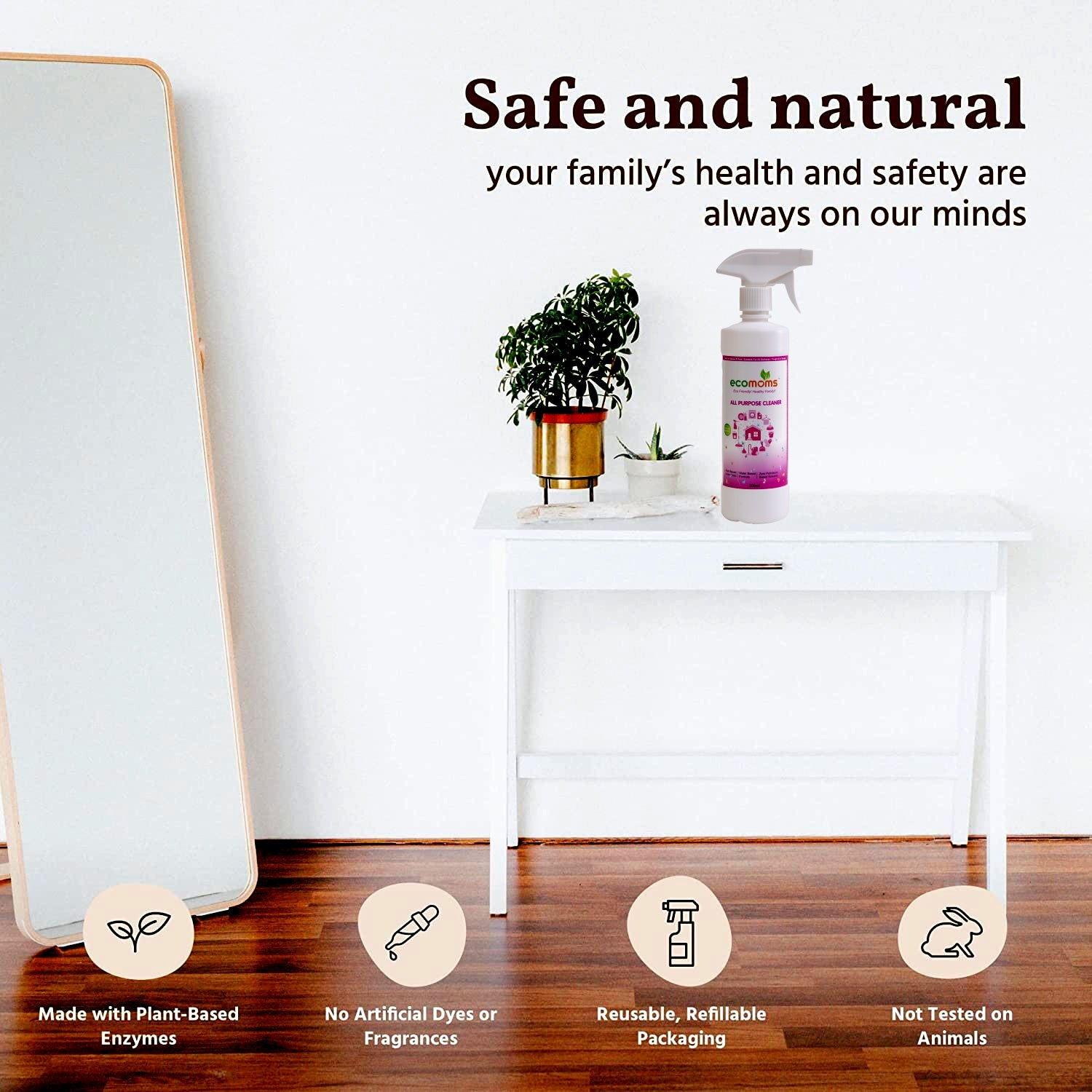 Ecomoms All Purpose Natural Cleaner Liquid Spray For Bathroom, Kitchen And Glass | Child & Pet Safe, Eco- Friendly, Plant Based - Ecomoms