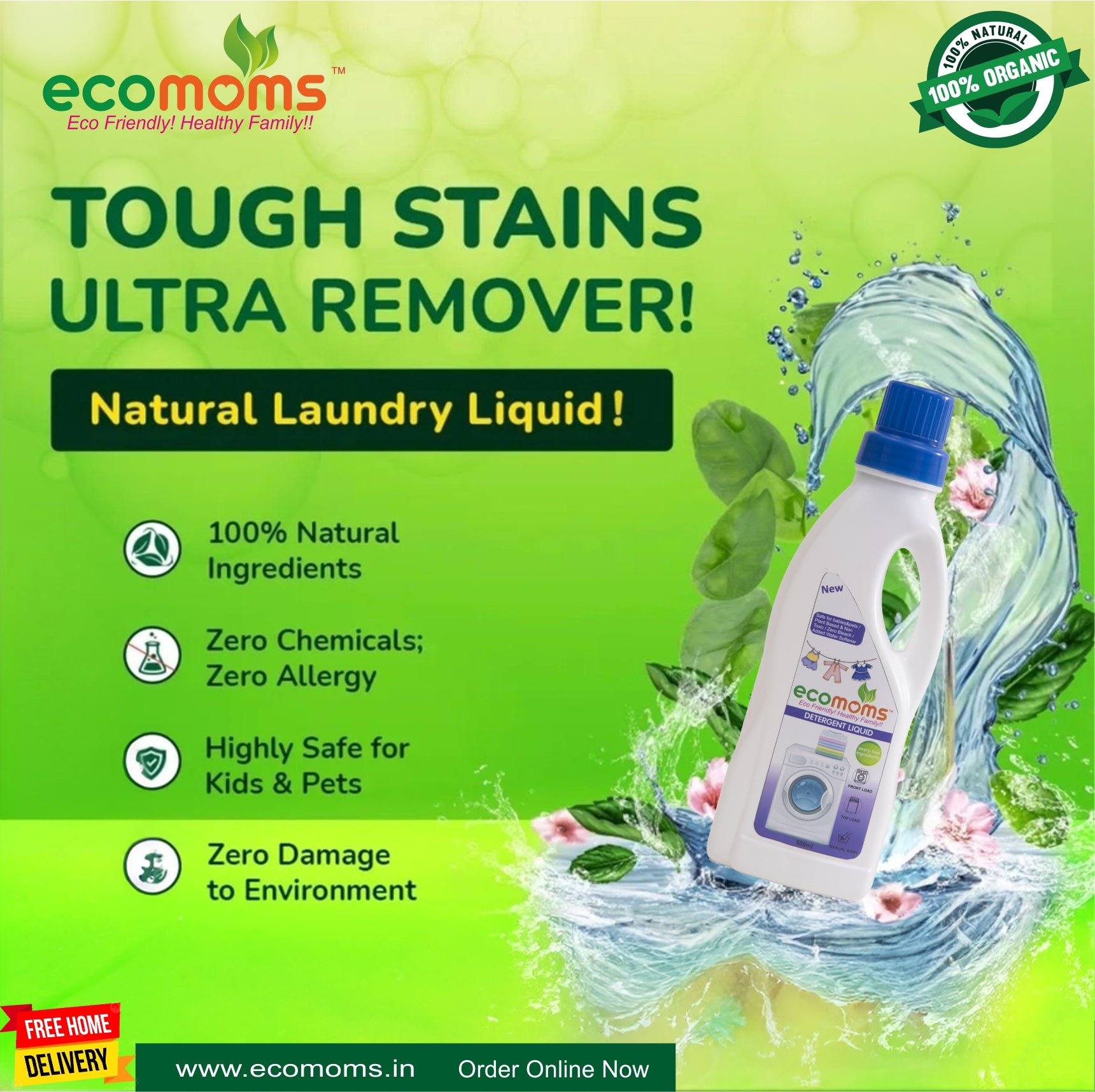 Ecomoms Natural Laundry Detergent  | Zero Chemicals & Eco-friendly | Highly Safe for All Fabrics - Ecomoms