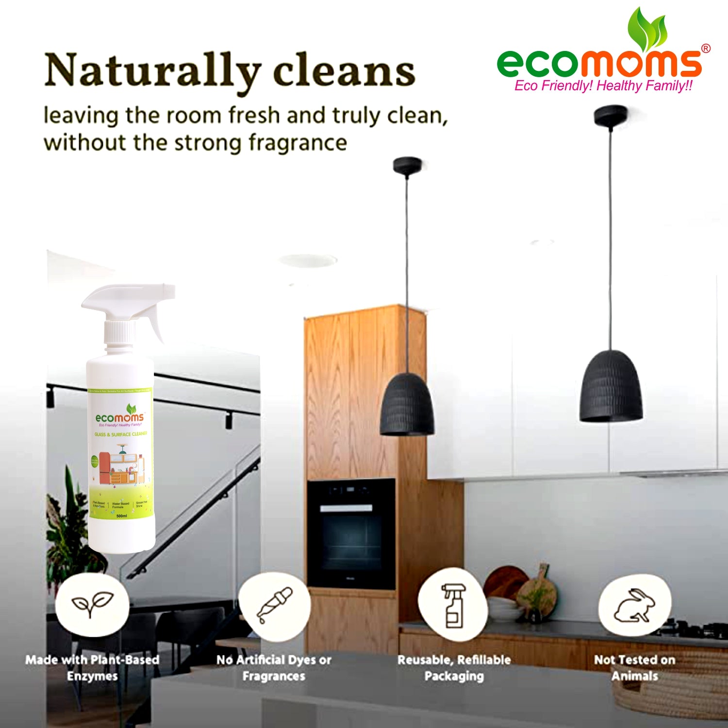 Ecomoms Non-Toxic Glass & Surface Liquid Cleaner , Eco-Friendly Solution for Car, Kitchen, Home, and Glass Surfaces,Pet and Baby Safe - Ecomoms