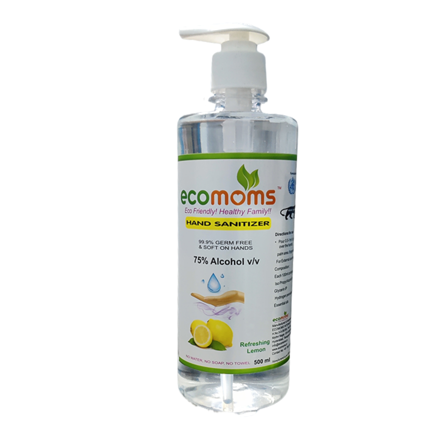 Ecomoms Hand Rub Gel Sanitizer 500ml - 75% Alcohol, Kills 99% Germs, Daily Use - Ecomoms