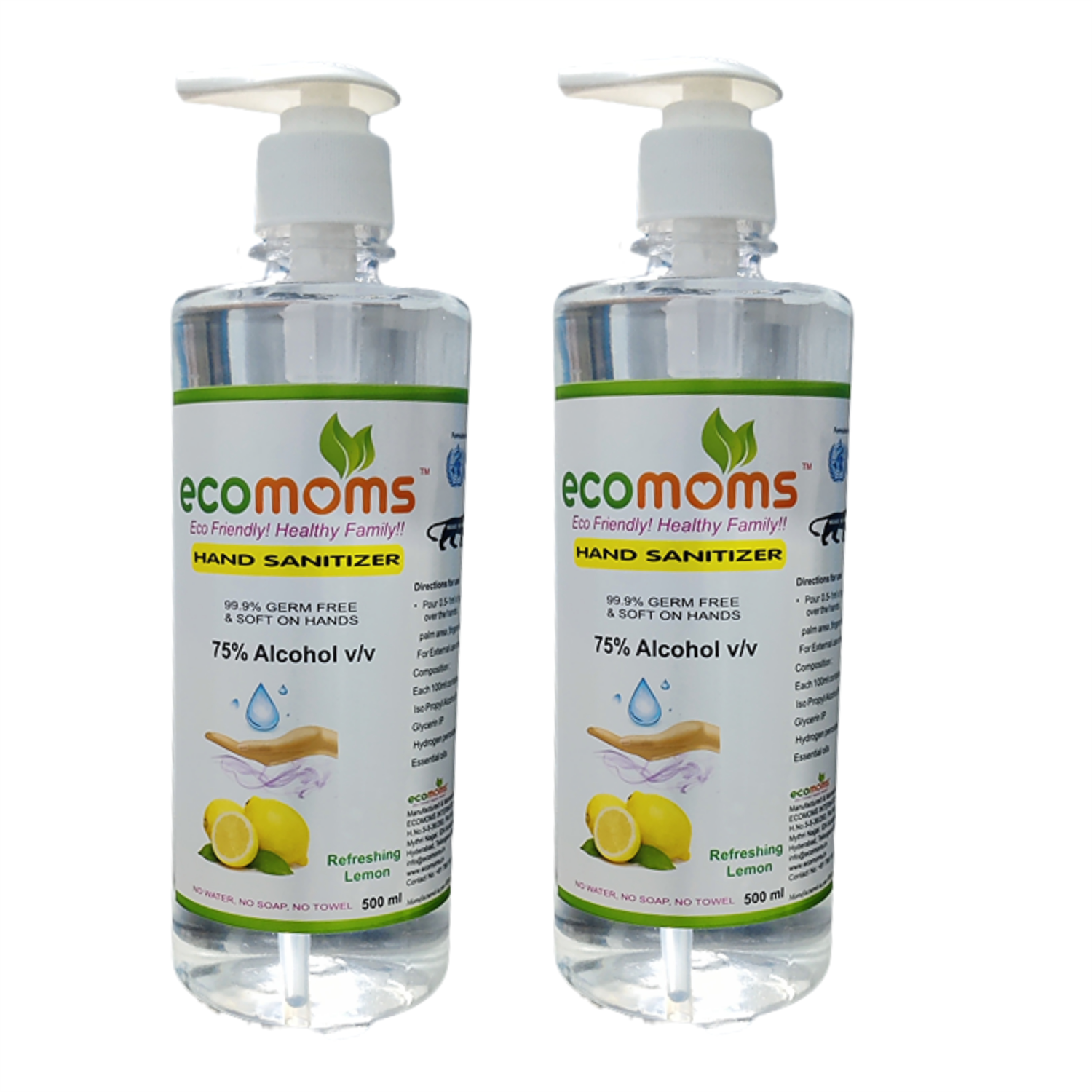 Ecomoms Hand Rub Gel Sanitizer 500ml - 75% Alcohol, Kills 99% Germs, Daily Use - Ecomoms