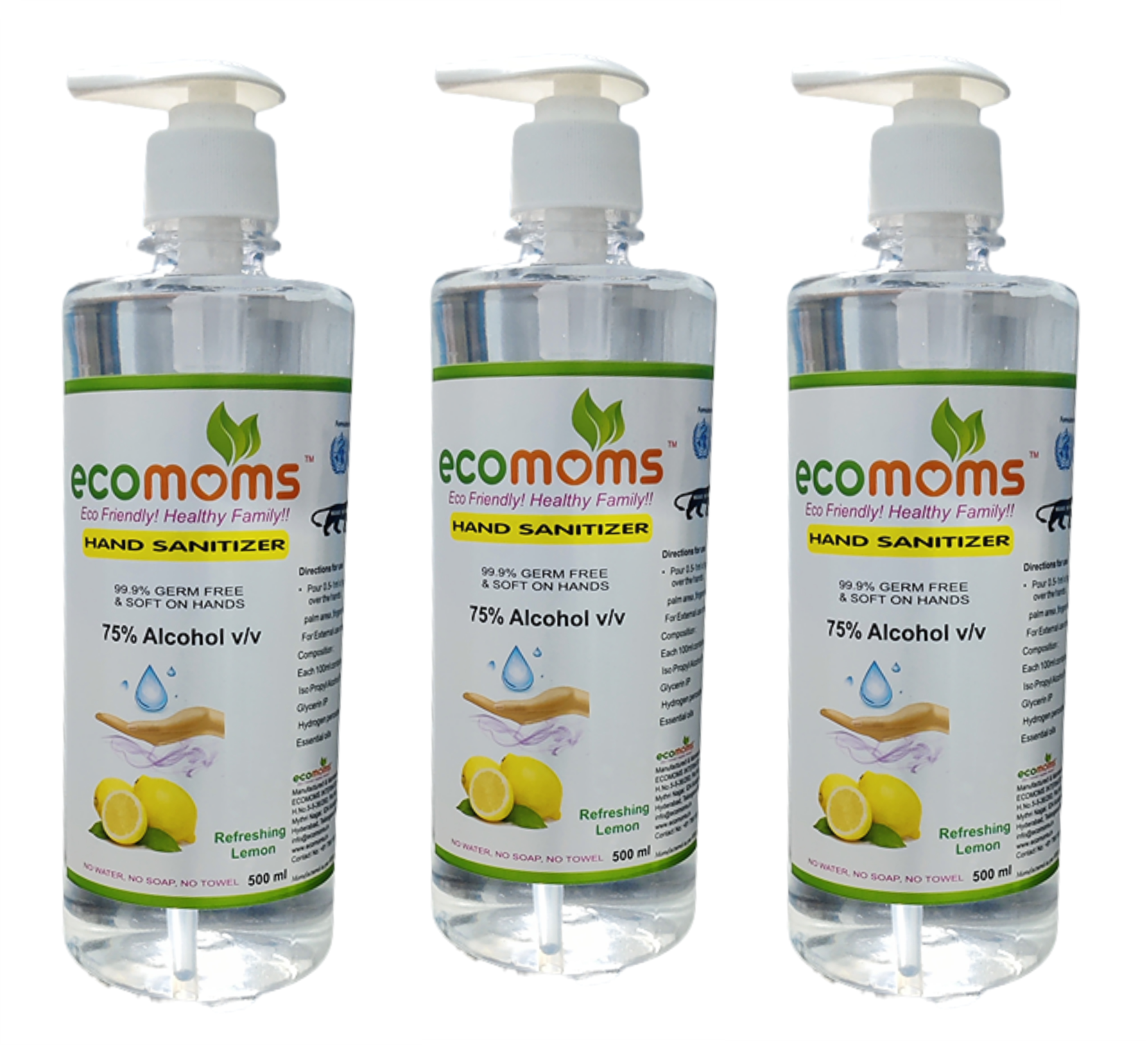 Ecomoms Hand Rub Gel Sanitizer 500ml - 75% Alcohol, Kills 99% Germs, Daily Use - Ecomoms