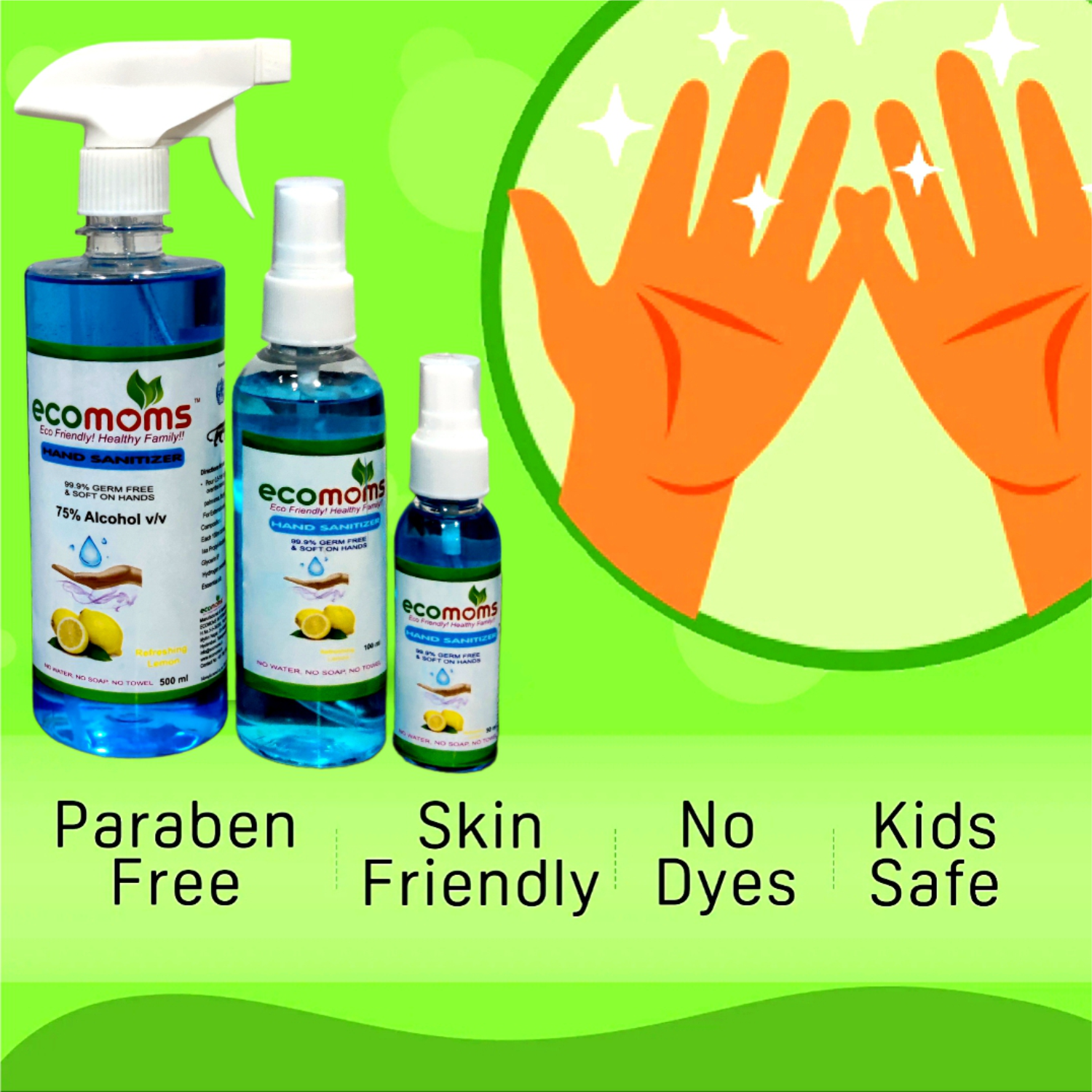 Ecomoms Hand Sanitizer| Kills Germs and Viruses on Hand, Safe for Skin & Body - 100ml - Ecomoms
