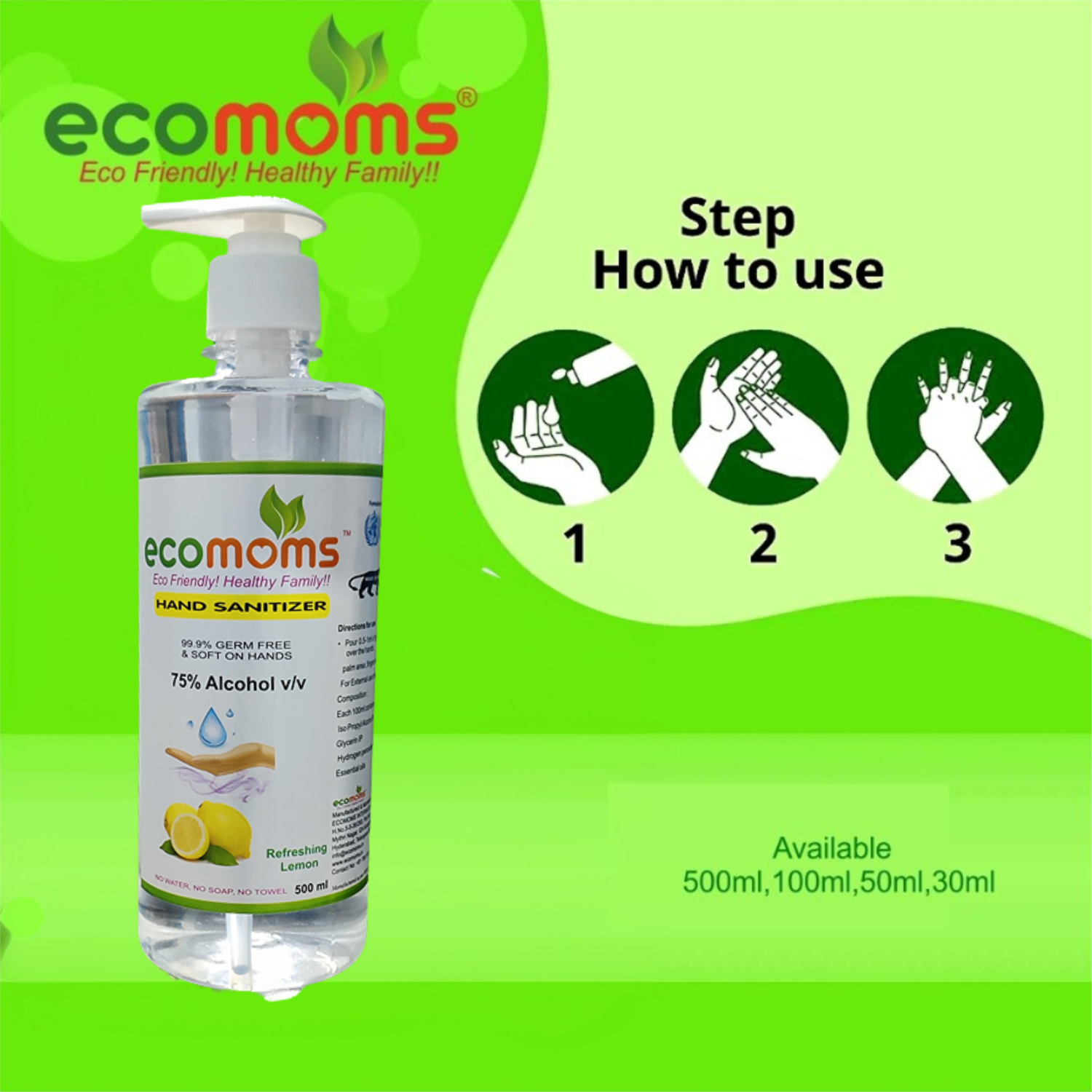 Ecomoms Hand Rub Gel Sanitizer 500ml - 75% Alcohol, Kills 99% Germs, Daily Use - Ecomoms