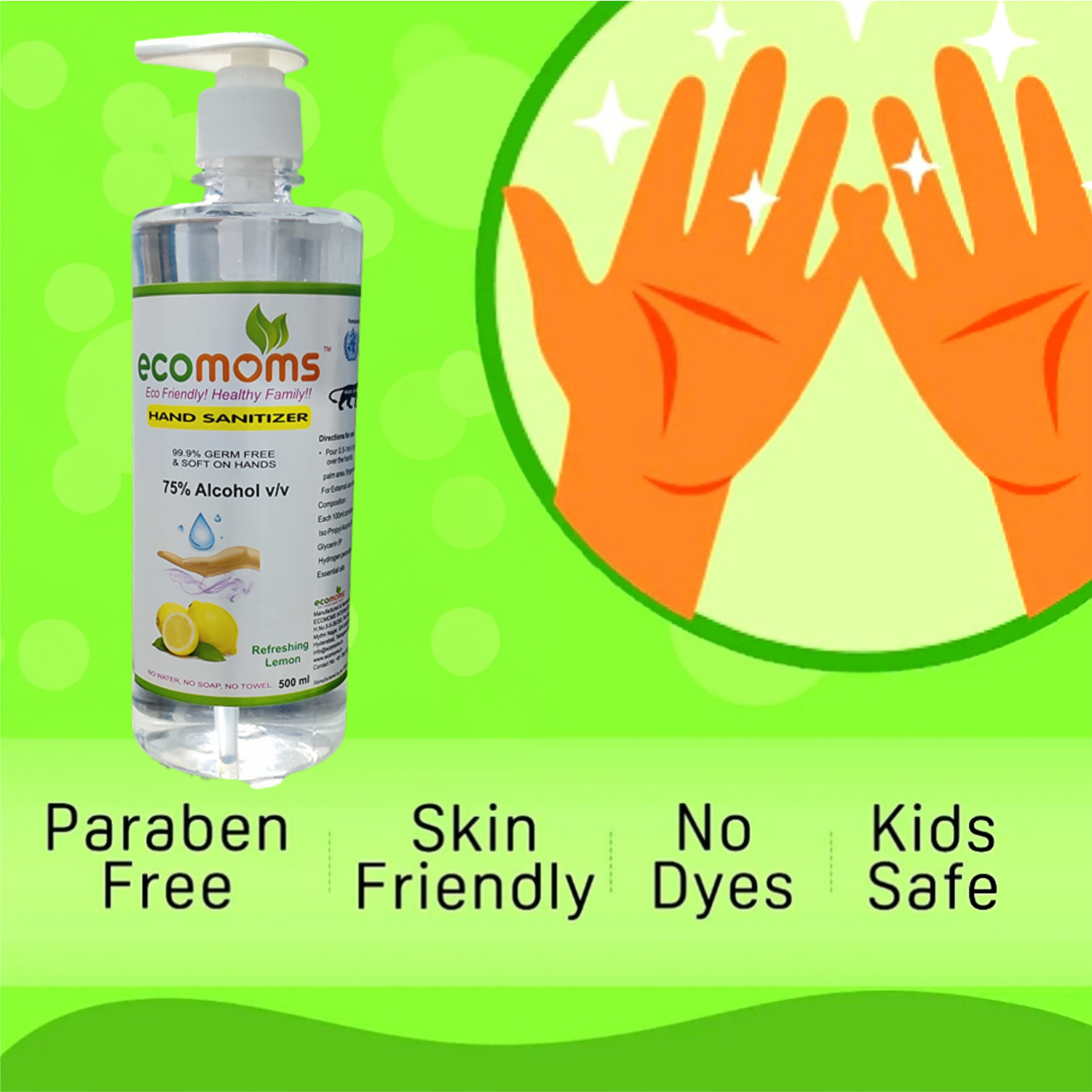 Ecomoms Hand Rub Gel Sanitizer 500ml - 75% Alcohol, Kills 99% Germs, Daily Use - Ecomoms