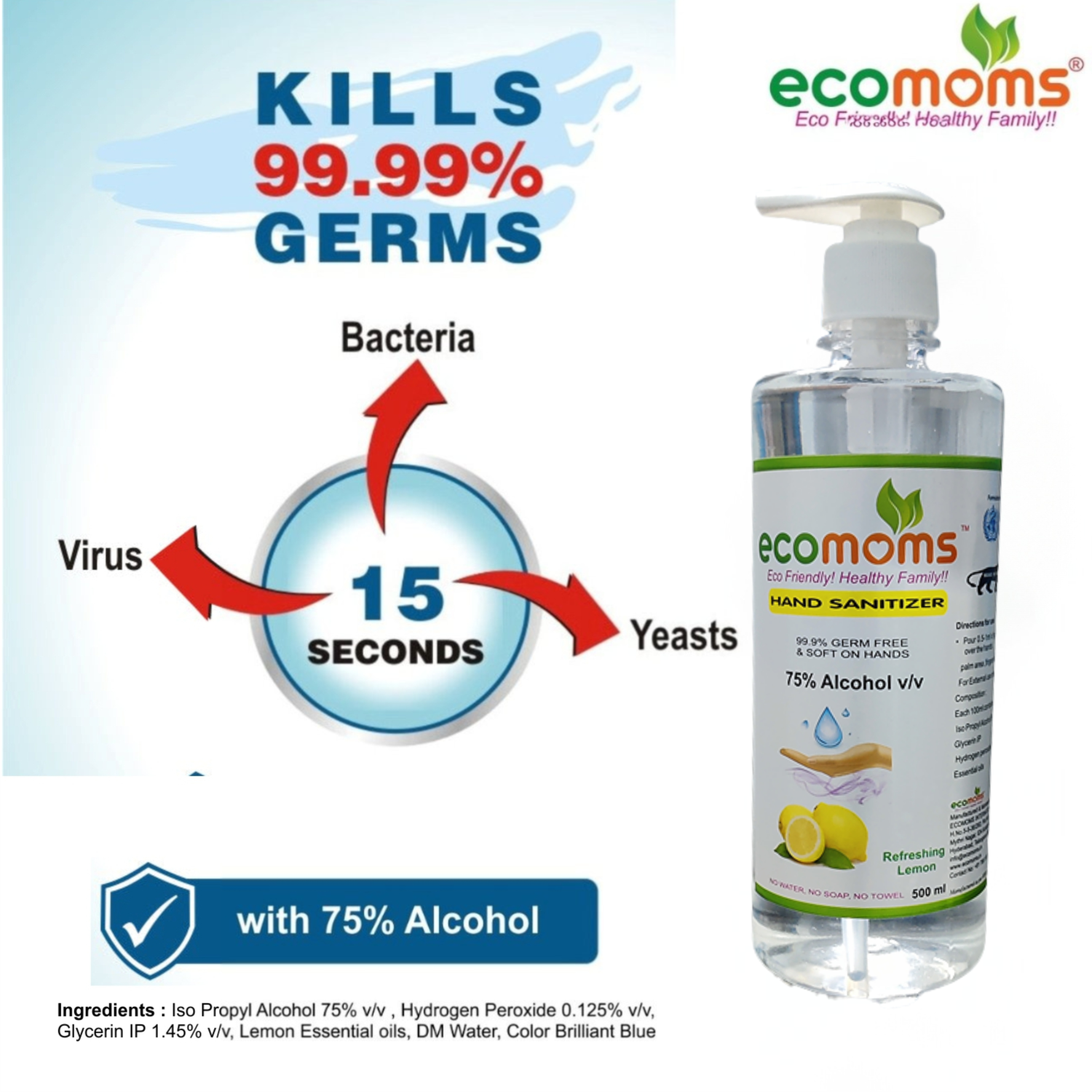 Ecomoms Hand Rub Gel Sanitizer 500ml - 75% Alcohol, Kills 99% Germs, Daily Use - Ecomoms