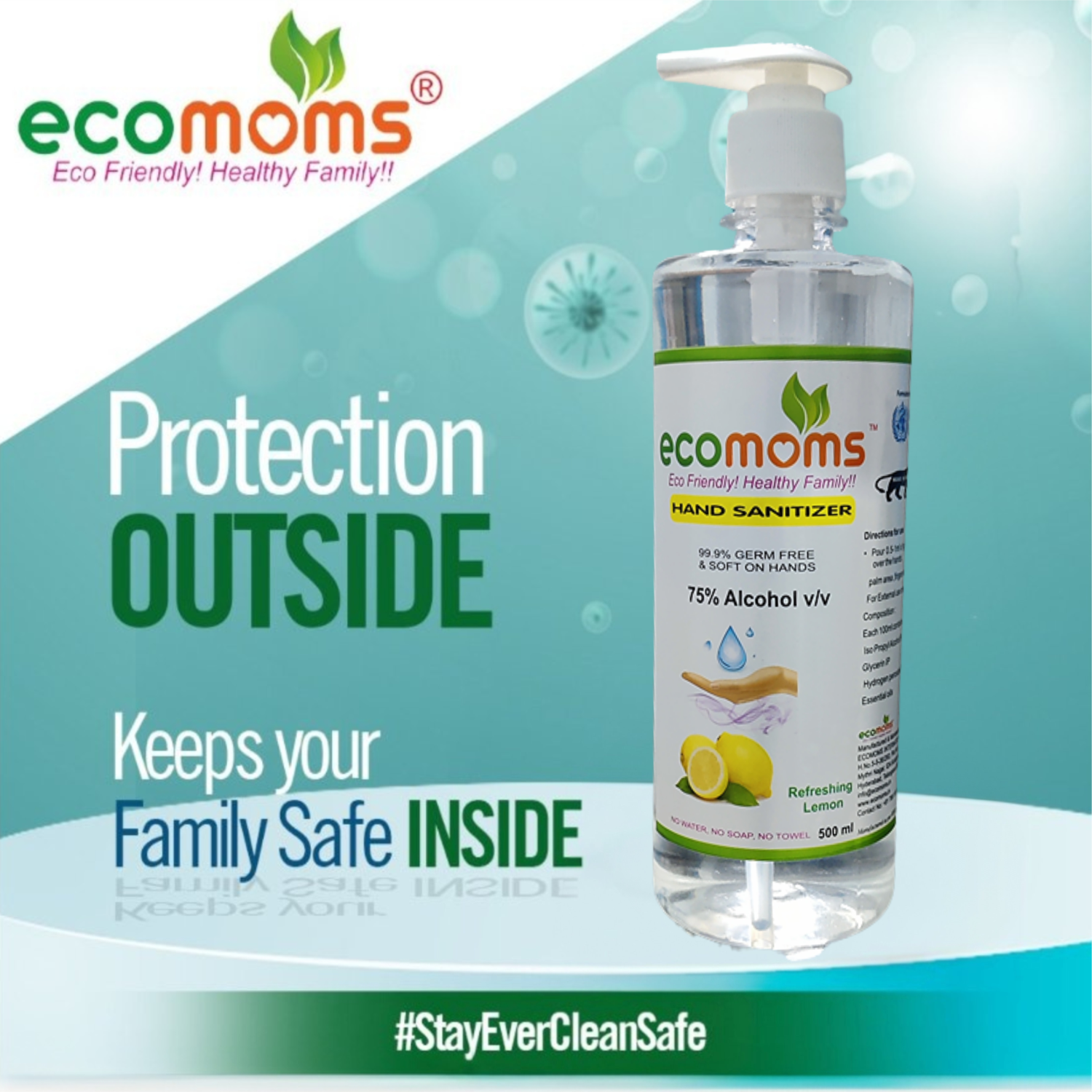 Ecomoms Hand Rub Gel Sanitizer 500ml - 75% Alcohol, Kills 99% Germs, Daily Use - Ecomoms