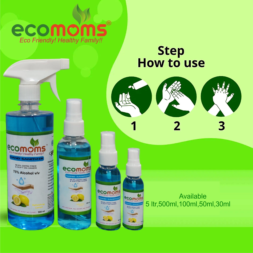 Ecomoms 24 Hour Protection Hand Sanitizer spray - 99.99% Effective Against Germs -75% Alcohol | Skin Friendly and Safe for Kids - Ecomoms