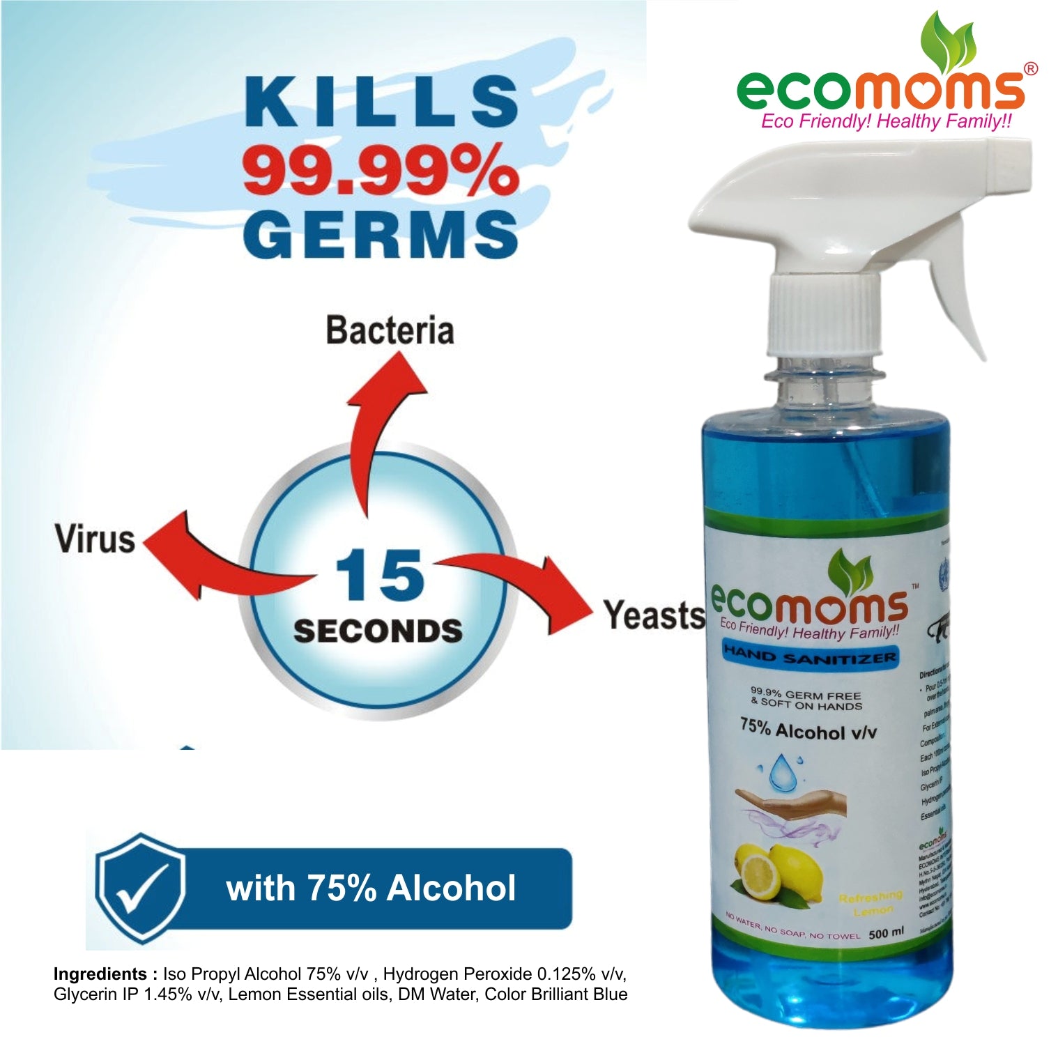 Ecomoms 24 Hour Protection Hand Sanitizer spray - 99.99% Effective Against Germs -75% Alcohol | Skin Friendly and Safe for Kids - Ecomoms