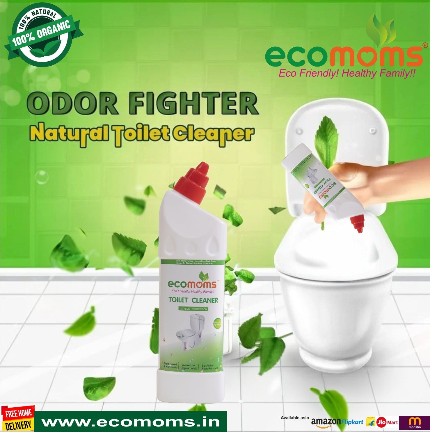 Ecomoms Toilet Bowl Cleaner | Eco Friendly | 99.9% Chemical Free | No Toxic Fumes | Eliminates Odor| Biodegradable|100% Safe on Skin