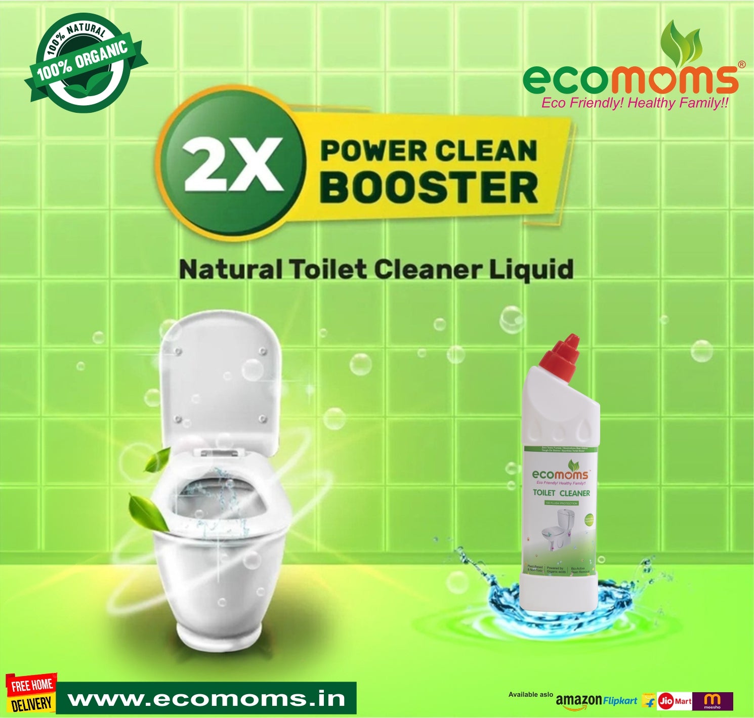 Ecomoms Toilet Bowl Cleaner | Eco Friendly | 99.9% Chemical Free | No Toxic Fumes | Eliminates Odor| Biodegradable|100% Safe on Skin - Ecomoms