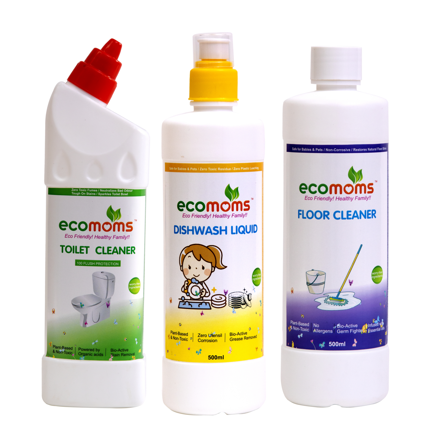 Natural Dish Wash + Toilet Cleaner & Floor + Surface Cleaner | Home Hygiene Combo - Ecomoms