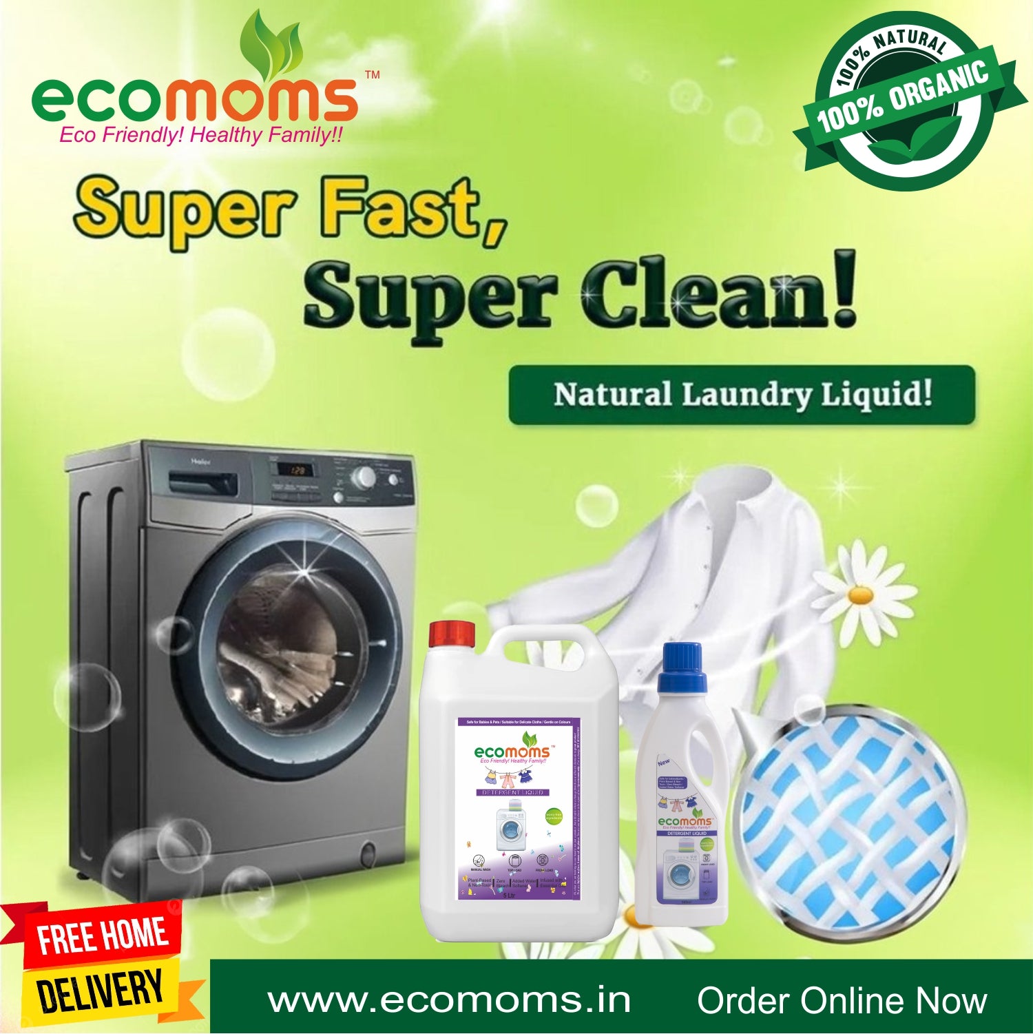 Ecomoms Natural Laundry Detergent  | Zero Chemicals & Eco-friendly | Highly Safe for All Fabrics - Ecomoms