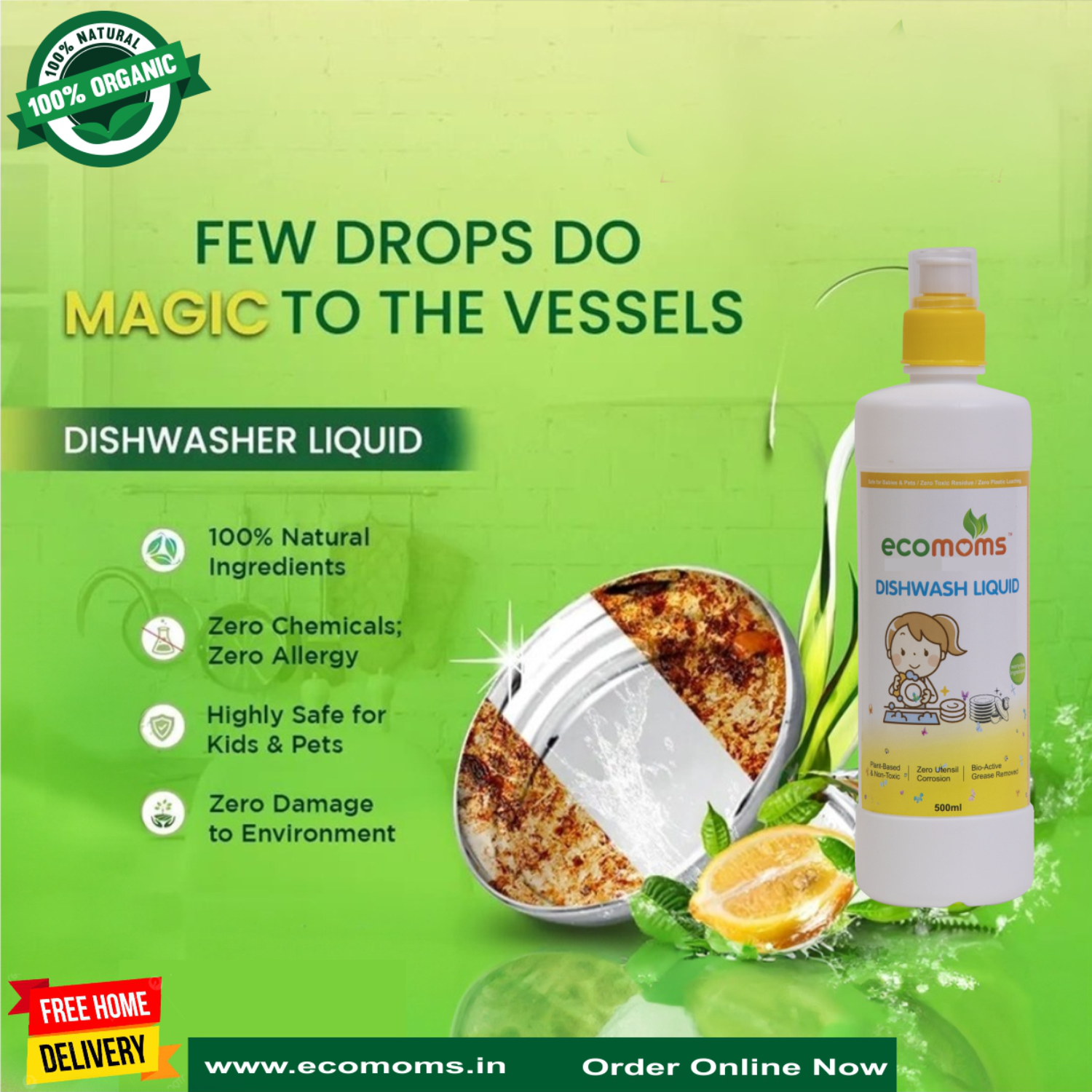 Ecomoms Natural Ingredient Formulation | Highly Safe to Use | Dishwashing Liquid With Lemon