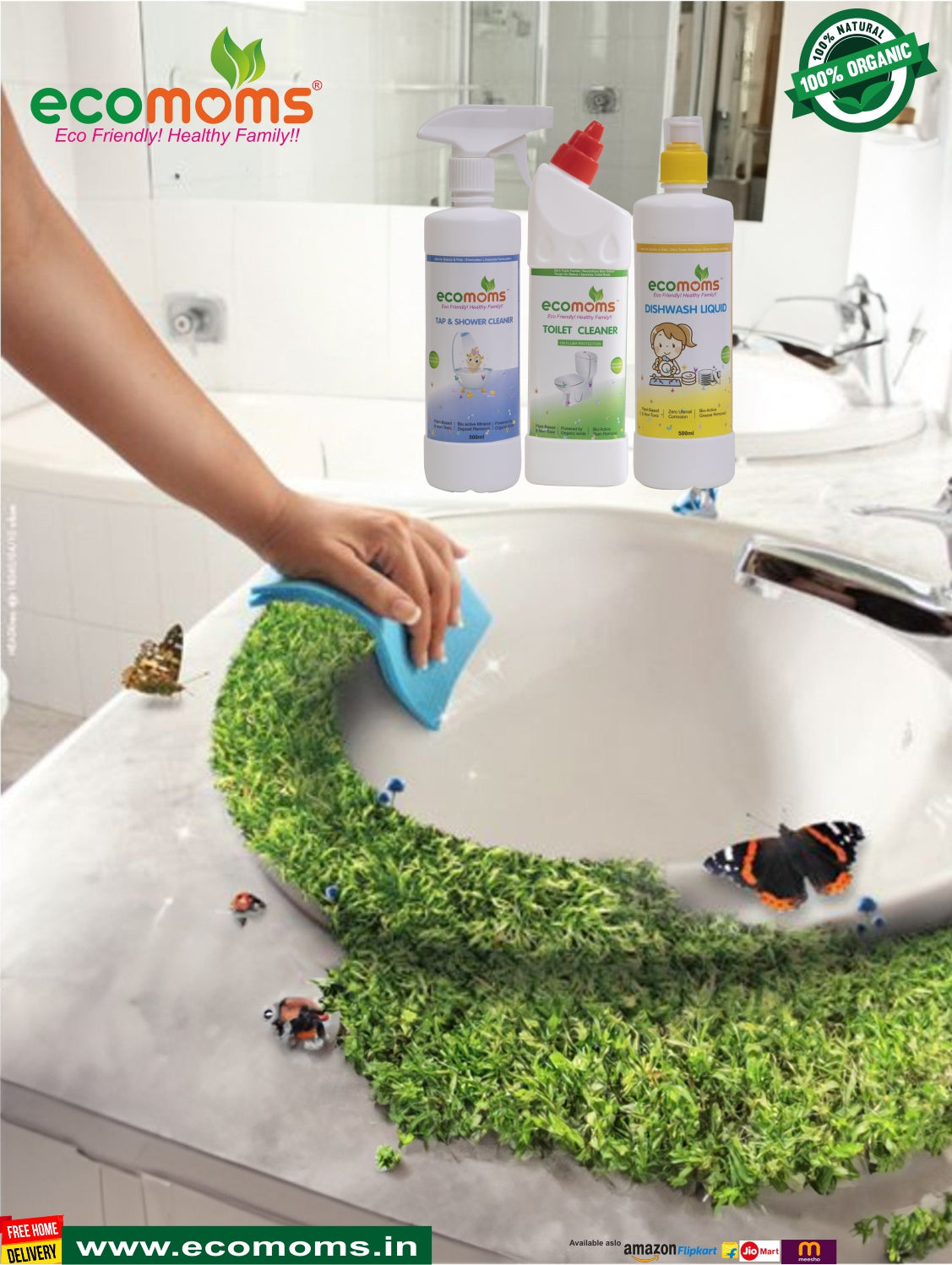 Natural Dish Wash + Toilet Cleaner & Floor + Surface Cleaner | Home Hygiene Combo - Ecomoms