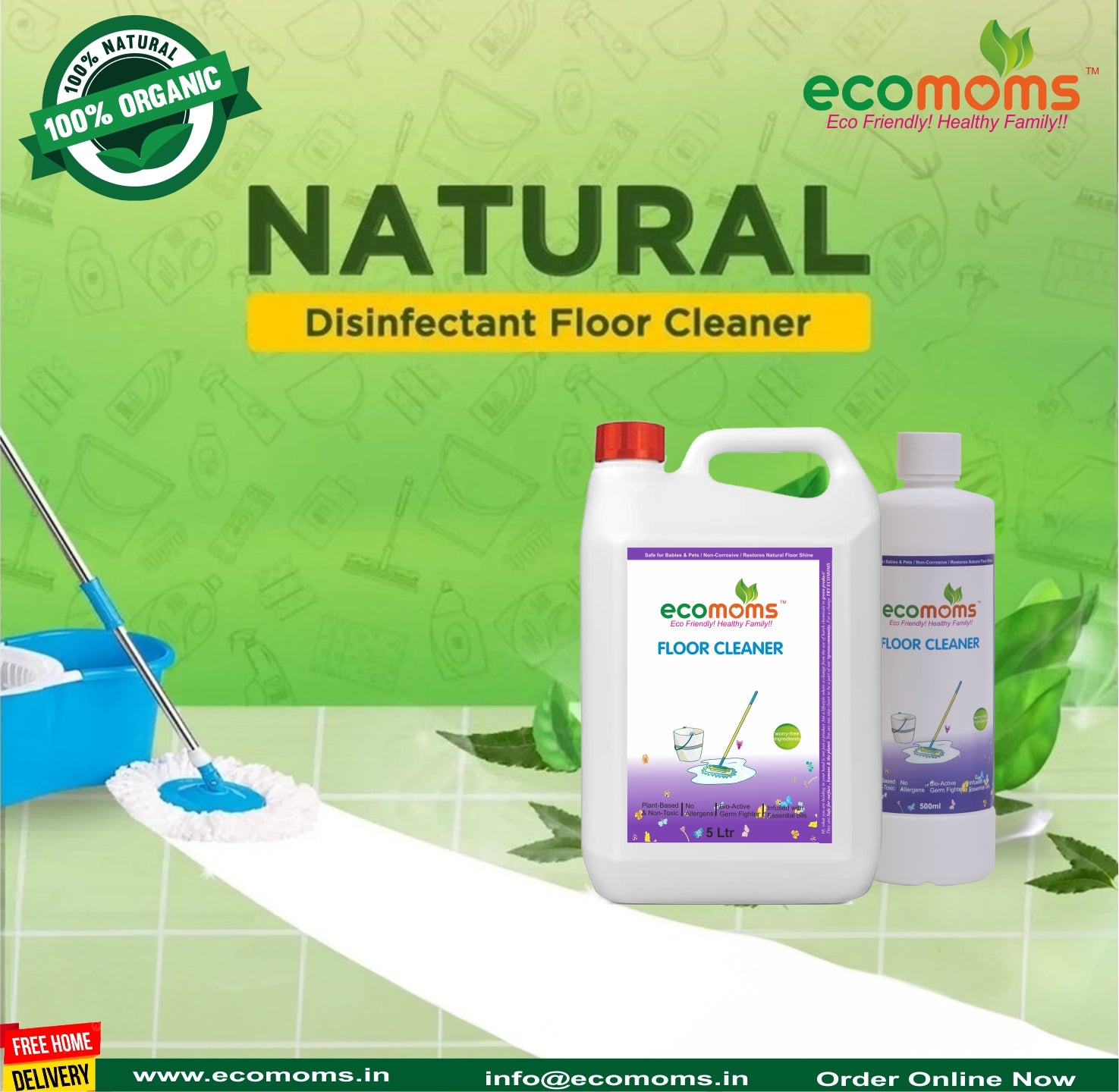 Ecomoms Floor Cleaner Liquid | Non Toxic, Baby Safe & Pet Safe | Biodegradable & Eco Friendly | Natural with Citronella oil and Lavender oil - Ecomoms