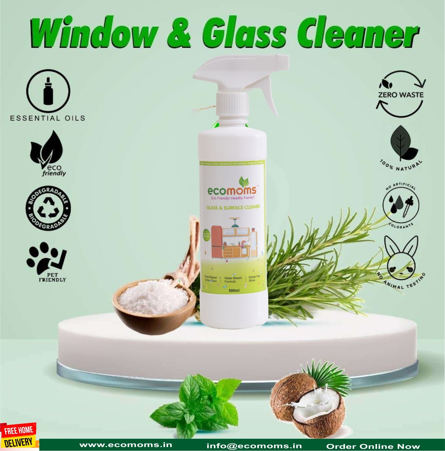 Ecomoms Non-Toxic Glass & Surface Liquid Cleaner , Eco-Friendly Solution for Car, Kitchen, Home, and Glass Surfaces,Pet and Baby Safe