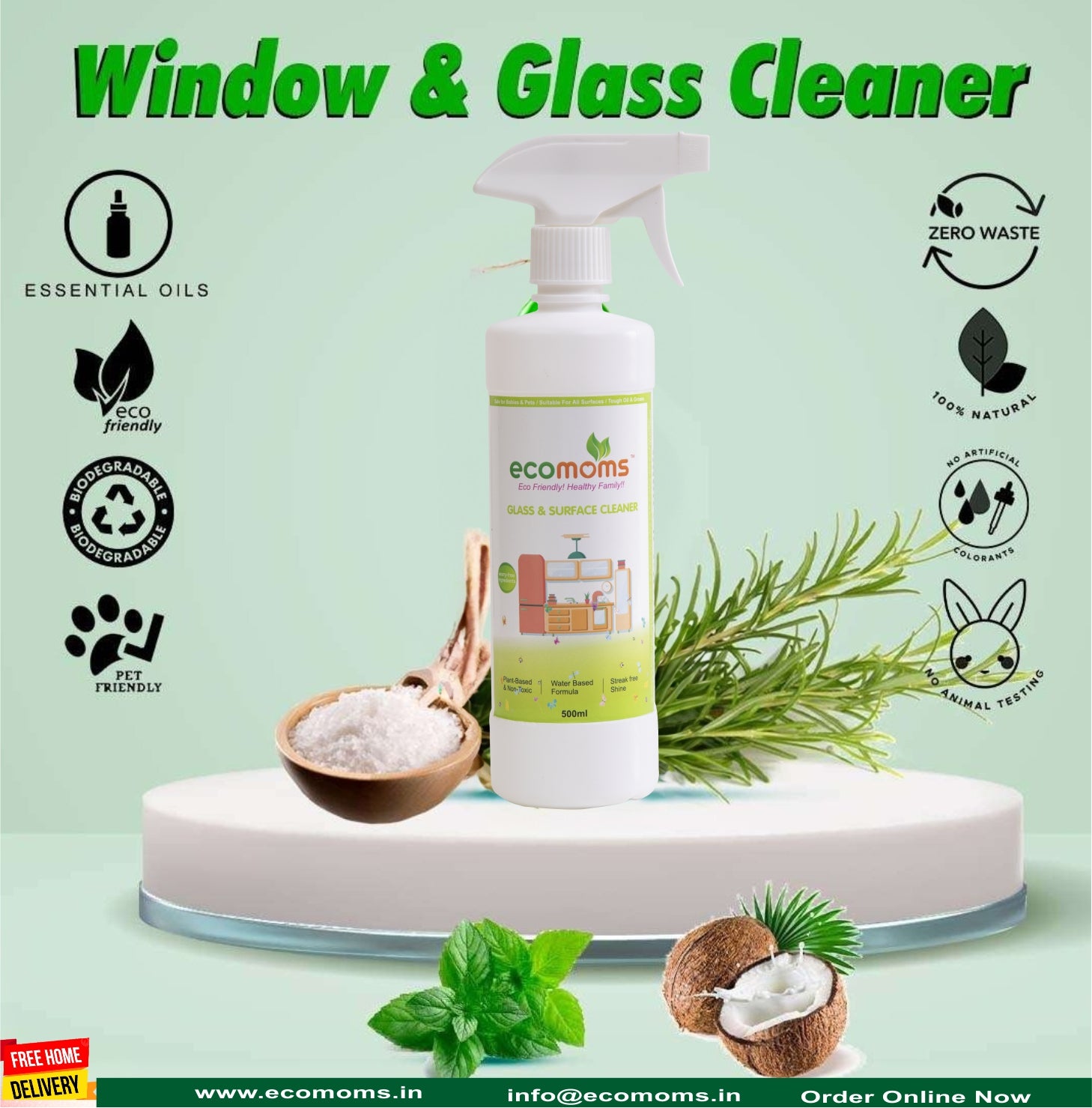 Ecomoms Non-Toxic Glass & Surface Liquid Cleaner , Eco-Friendly Solution for Car, Kitchen, Home, and Glass Surfaces,Pet and Baby Safe - Ecomoms