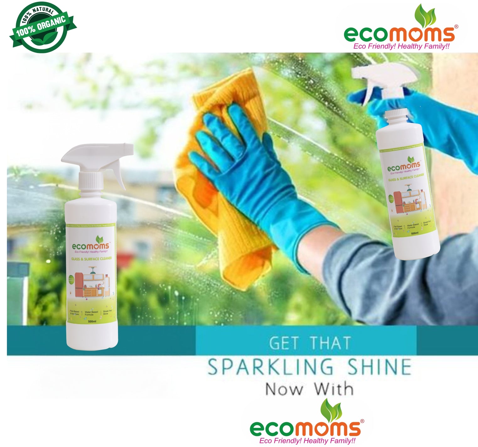 Ecomoms Non-Toxic Glass & Surface Liquid Cleaner , Eco-Friendly Solution for Car, Kitchen, Home, and Glass Surfaces,Pet and Baby Safe - Ecomoms